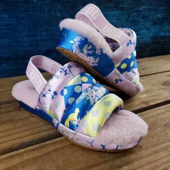 UGG Puff Yeah Floral Polka Dot Slide Sling Back Womens Size 8 Lamb Fur Silk Pink - Picture 2 of 10